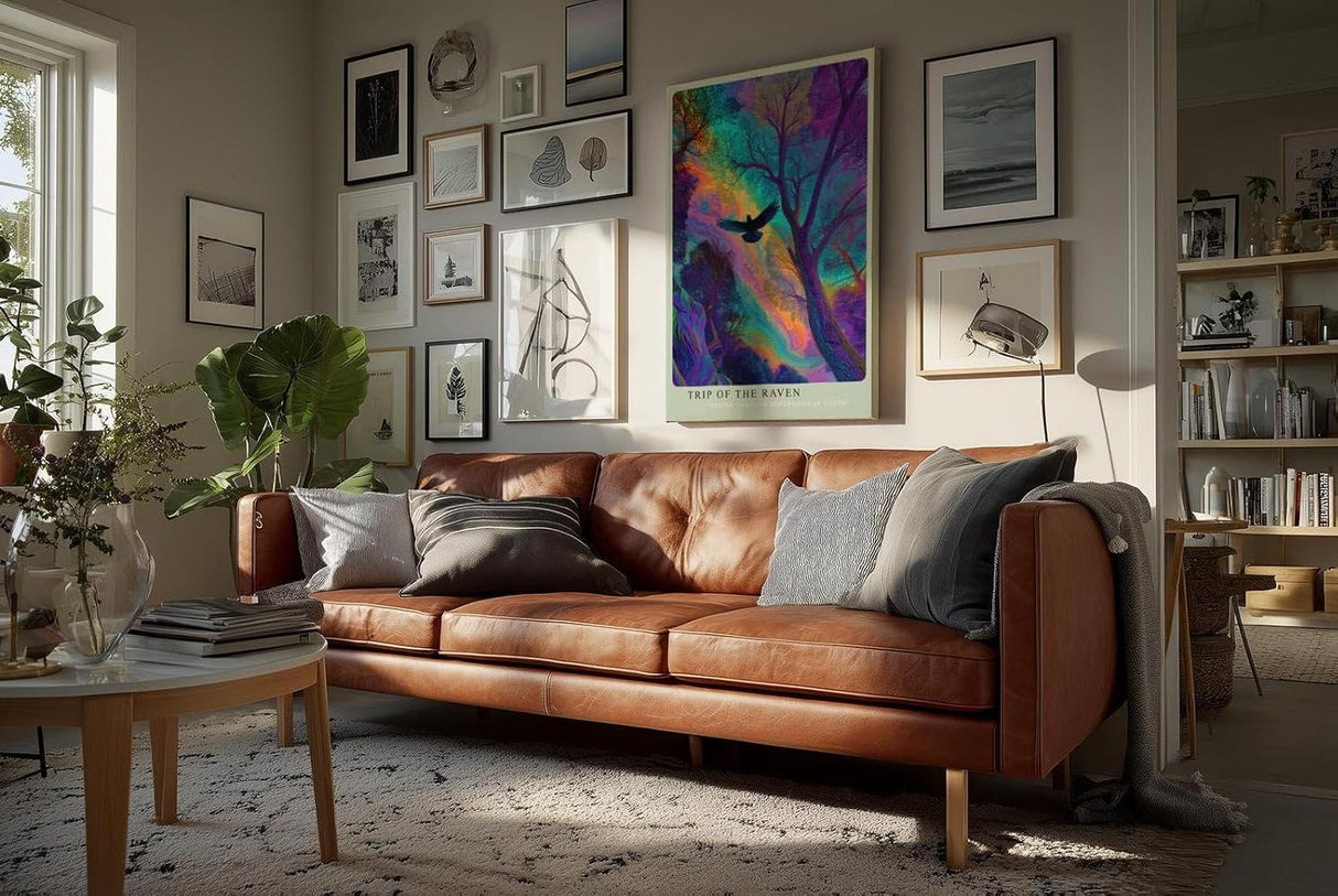 Paul Sinus Wandbild in 40x60cm Mystischer Rabe im farbintensiven Wald – surreales Kunstwerk mit leuchtenden Regenbogenfarben