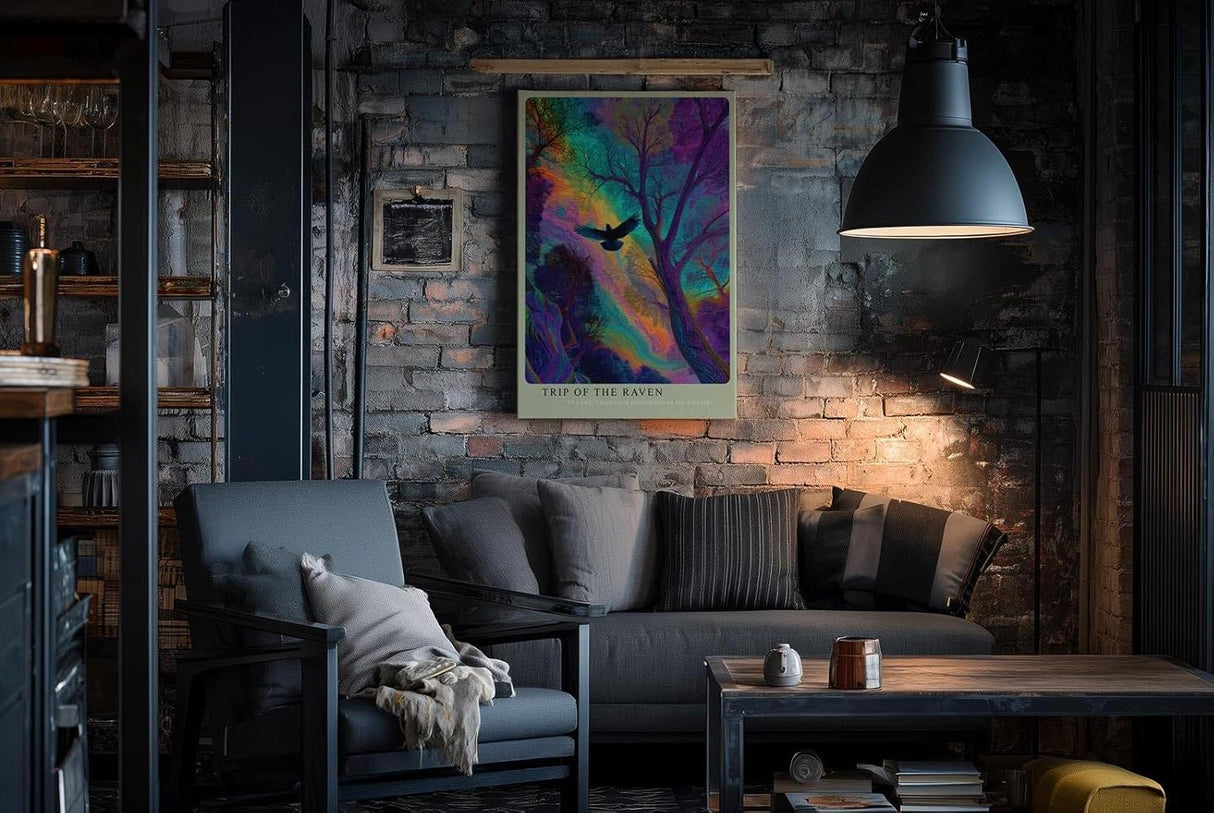 Paul Sinus Wandbild in 40x60cm Mystischer Rabe im farbintensiven Wald – surreales Kunstwerk mit leuchtenden Regenbogenfarben