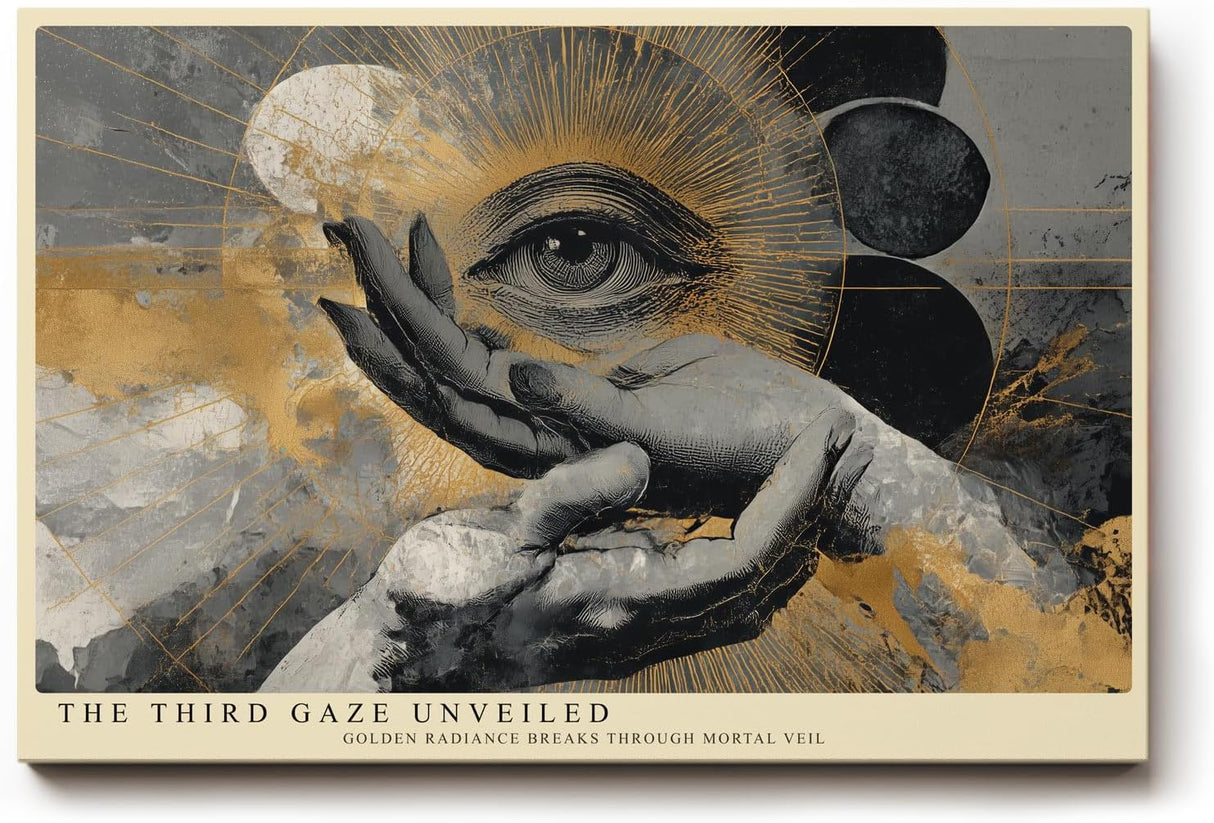 Paul Sinus Wandbild 120x80cm Mystisches Auge Hand Symbol Kunstmotiv Abstrakte spirituelle Illustration in Gold und Schwarz
