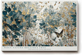 Paul Sinus Wandbild 120x80cm Naturillustration Blaetter und Schmetterlinge in Blau Gold Botanische Kunst Wanddekoration