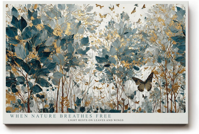 Paul Sinus Wandbild 120x80cm Naturillustration Blaetter und Schmetterlinge in Blau Gold Botanische Kunst Wanddekoration