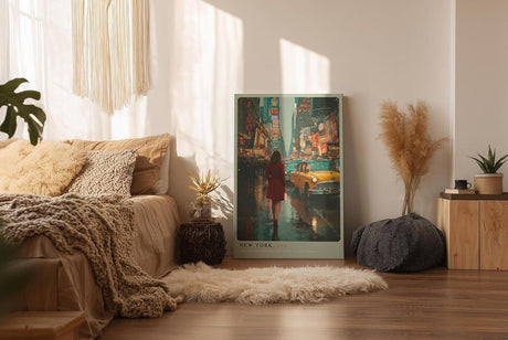 Paul Sinus Wandbild in 40x60cm New York, USA Impressionistische Stadtansicht mit Frau im roten Mantel inmitten des nächtlichen Times Square