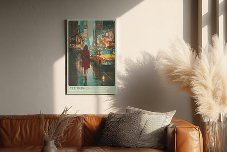 Paul Sinus Wandbild in 40x60cm New York, USA Impressionistische Stadtansicht mit Frau im roten Mantel inmitten des nächtlichen Times Square