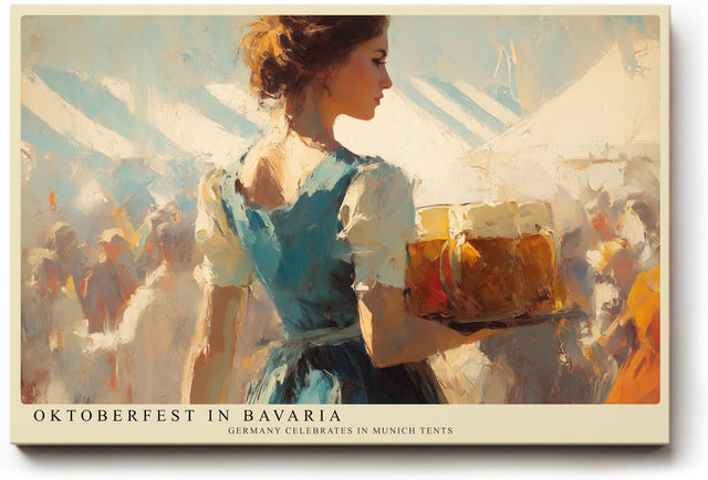 Paul Sinus Wandbild 120x80cm Oktoberfest Szene mit Kellnerin und Bierkrug Traditionelle Festkunst in warmen Farben fuer Wohnraum und Gastronomie