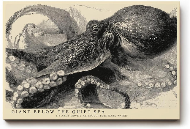 Paul Sinus Wandbild 120x80cm Oktopus Illustration Meereskunst Schwarz Weiss Vintage Naturstudie
