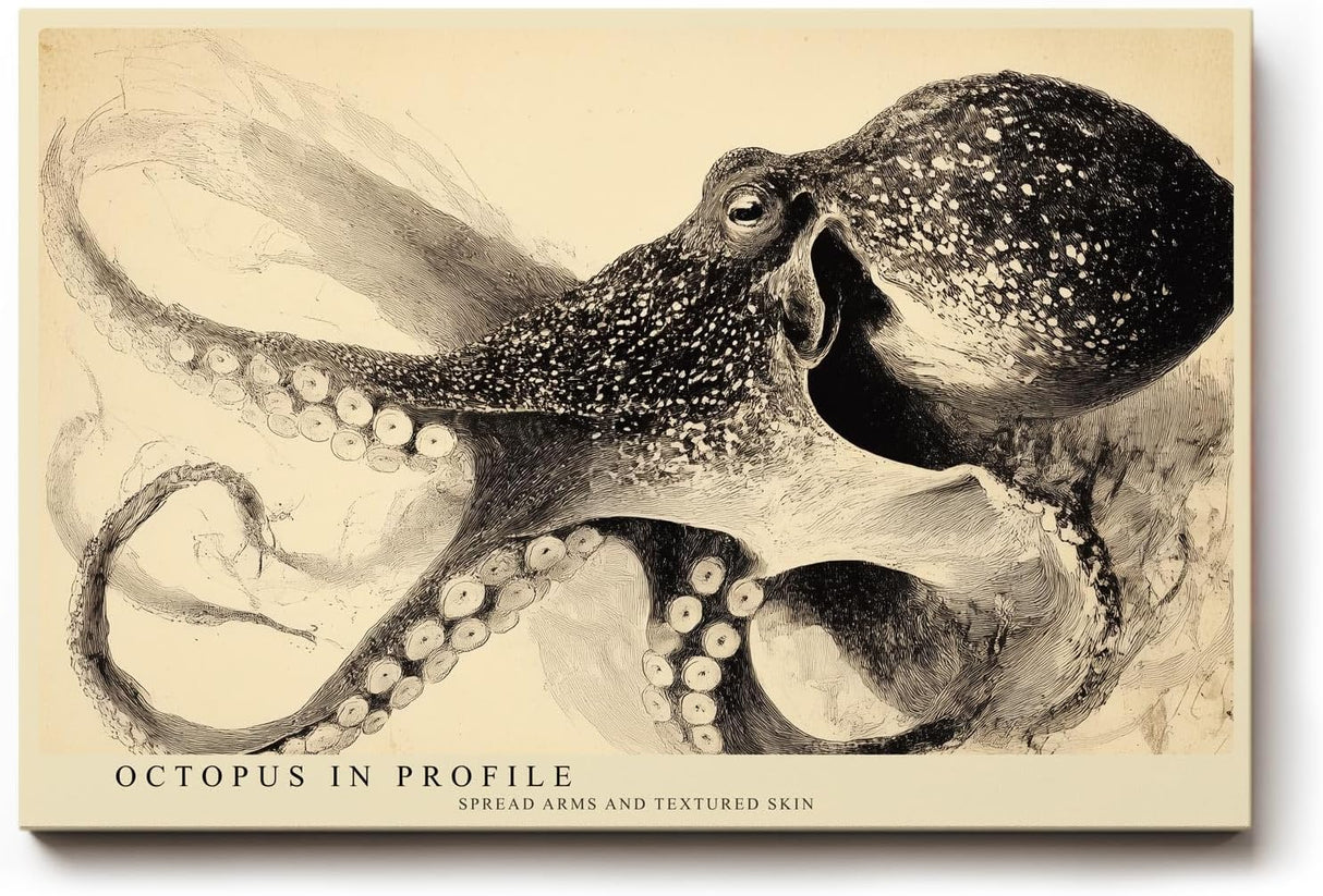 Paul Sinus Wandbild 120x80cm Oktopus Illustration Vintage Meereskunst Schwarz Weiss fuer Wohnzimmer Büro und maritime Einrichtung
