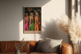 Paul Sinus Wandbild in 40x60cm Old Money Fashion – Elegante Damen in farbenfrohen Kleidern vor floralem Hintergrund, stilvolles Retro-Design für luxuriöse Wohnakzente