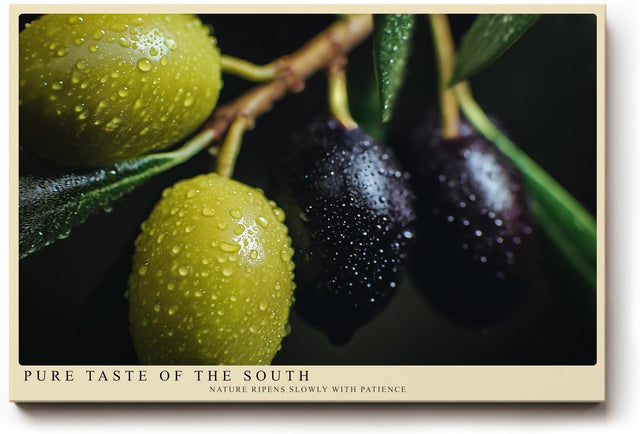 Paul Sinus Wandbild 120x80cm Oliven Makrofotografie mediterrane Frucht Naturmotiv gruene schwarze Oliven moderne Wanddekoration fuer Kueche Esszimmer Wohnzimmer