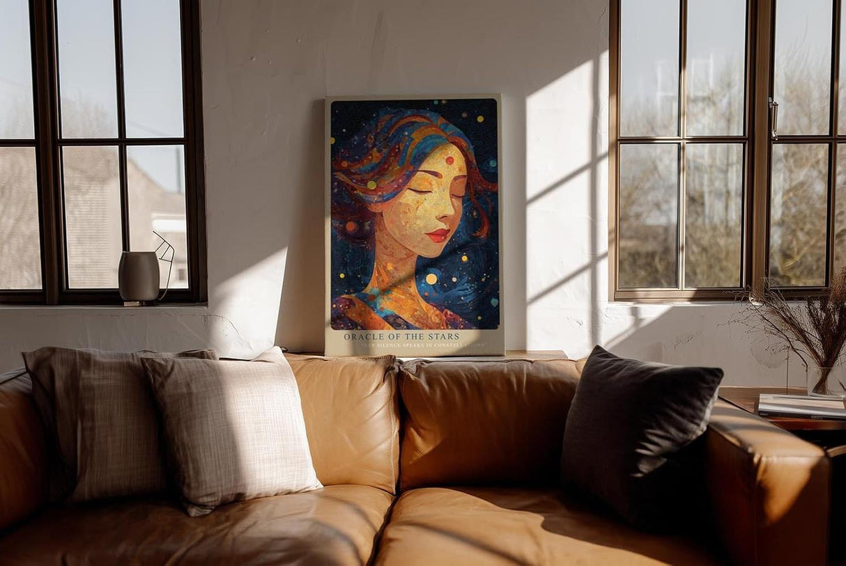 Paul Sinus Wandbild in 40x60cm Oracle of the Stars Abstraktes Frauenporträt mit Sternenmotiven und leuchtenden Farbdetails für inspirierende Raumgestaltung