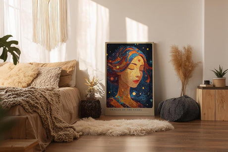 Paul Sinus Wandbild in 40x60cm Oracle of the Stars Abstraktes Frauenporträt mit Sternenmotiven und leuchtenden Farbdetails für inspirierende Raumgestaltung