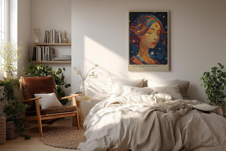 Paul Sinus Wandbild in 40x60cm Oracle of the Stars Abstraktes Frauenporträt mit Sternenmotiven und leuchtenden Farbdetails für inspirierende Raumgestaltung