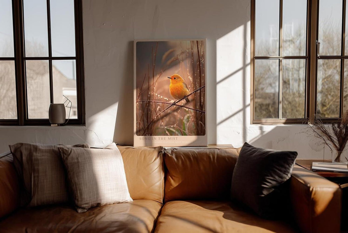 Paul Sinus Wandbild in 40x60cm Oranger Singvogel im Morgentau mit goldener Lichtstimmung