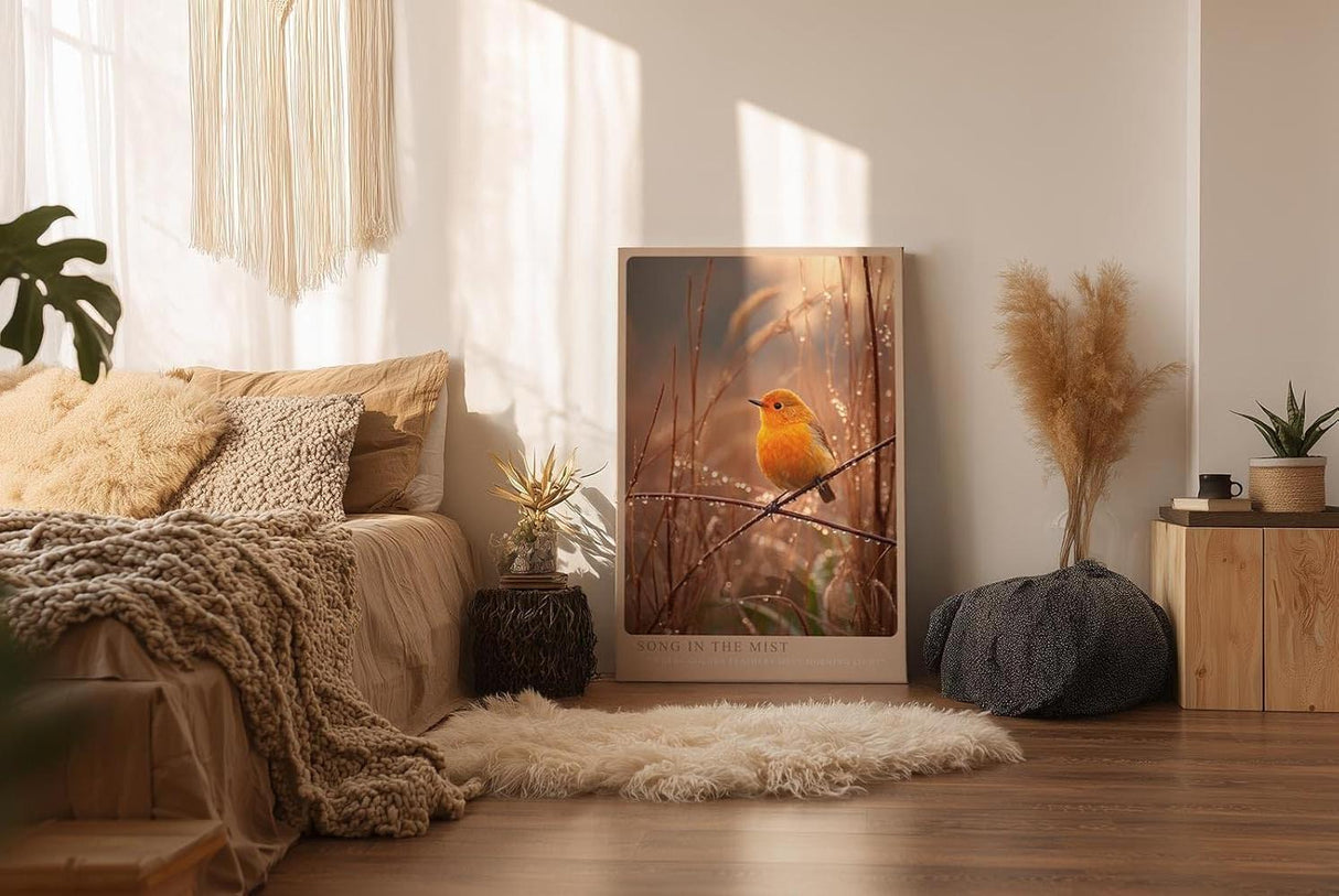 Paul Sinus Wandbild in 40x60cm Oranger Singvogel im Morgentau mit goldener Lichtstimmung