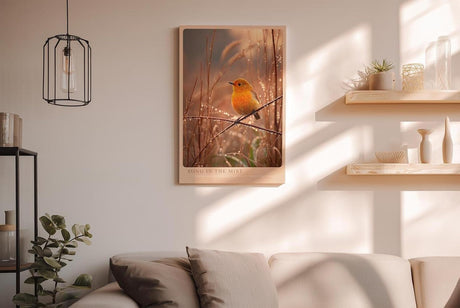 Paul Sinus Wandbild in 40x60cm Oranger Singvogel im Morgentau mit goldener Lichtstimmung