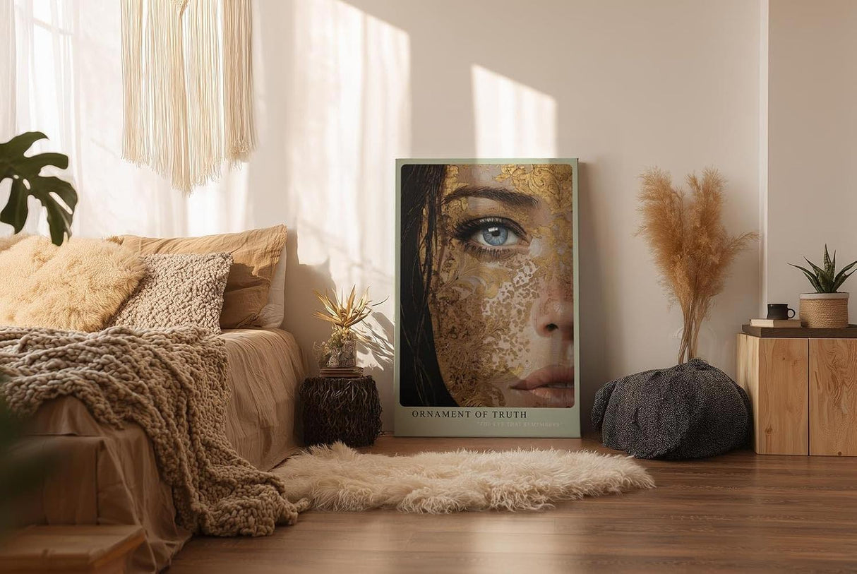 Paul Sinus Wandbild in 40x60cm Ornament of Truth – Ausdrucksstarkes Porträt mit goldener Ornamentstruktur und blauem Auge