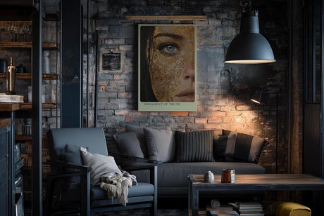 Paul Sinus Wandbild in 40x60cm Ornament of Truth – Ausdrucksstarkes Porträt mit goldener Ornamentstruktur und blauem Auge