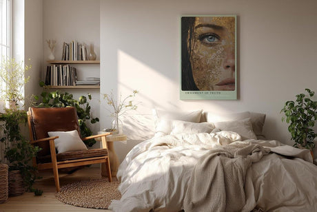 Paul Sinus Wandbild in 40x60cm Ornament of Truth – Ausdrucksstarkes Porträt mit goldener Ornamentstruktur und blauem Auge