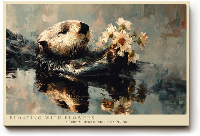 Paul Sinus Wandbild 120x80cm Otter mit Blumen moderne Tierkunst naturinspirierte Malerei grosses Kunstbild stilvolle Wanddekoration fuer Wohnzimmer Büro
