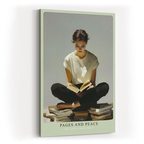 Paul Sinus Wandbild in 40x60cm Pages and Peace – Meditatives Porträt einer jungen Frau, sitzend auf Bücherstapeln im Schneidersitz und lesend, zeitgenössische Bilder in harmonischer Farbgebung