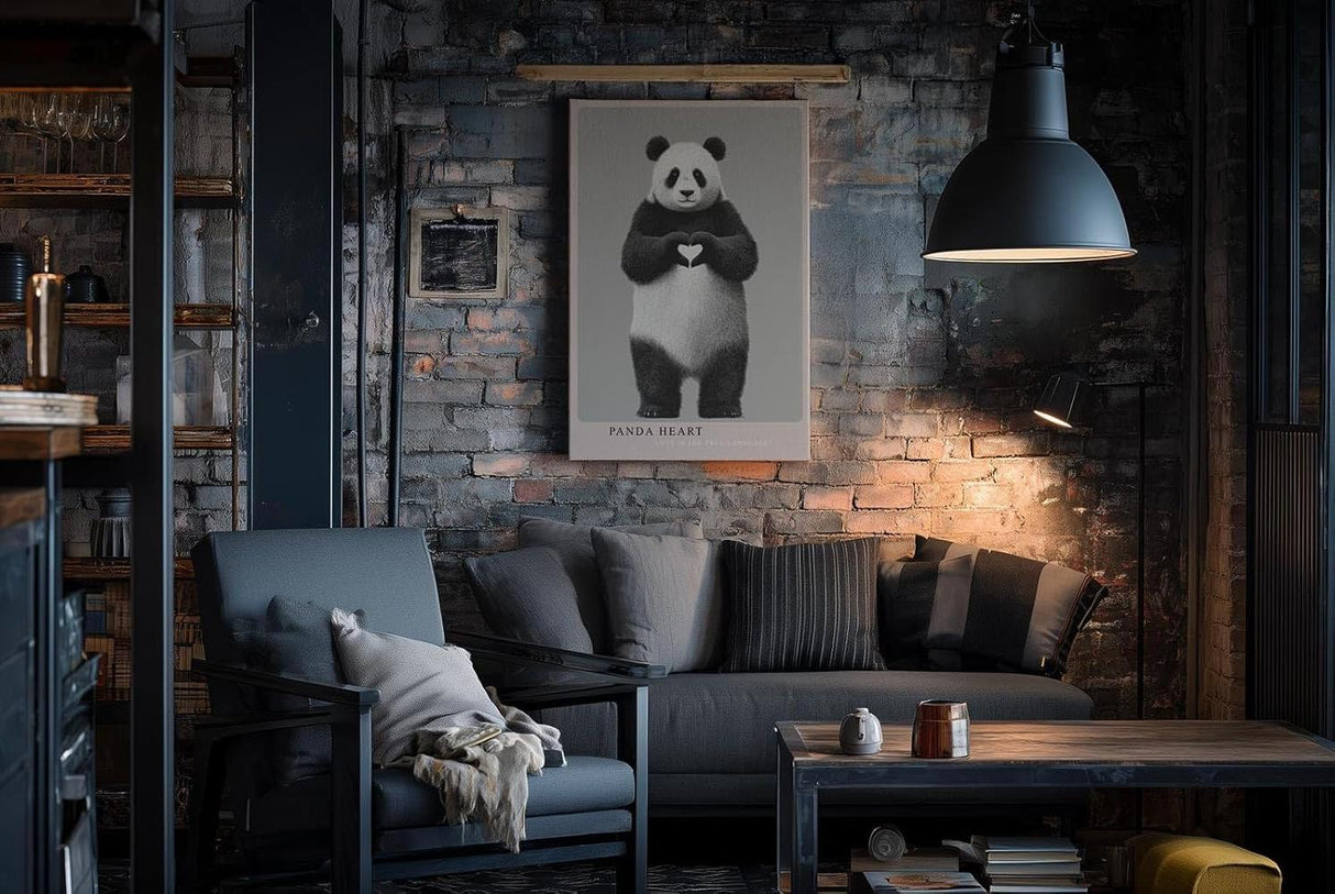 Paul Sinus Wandbild in 40x60cm Panda Heart Panda mit Herzgeste schwarz-weiße Tierkunst auf Leinwand