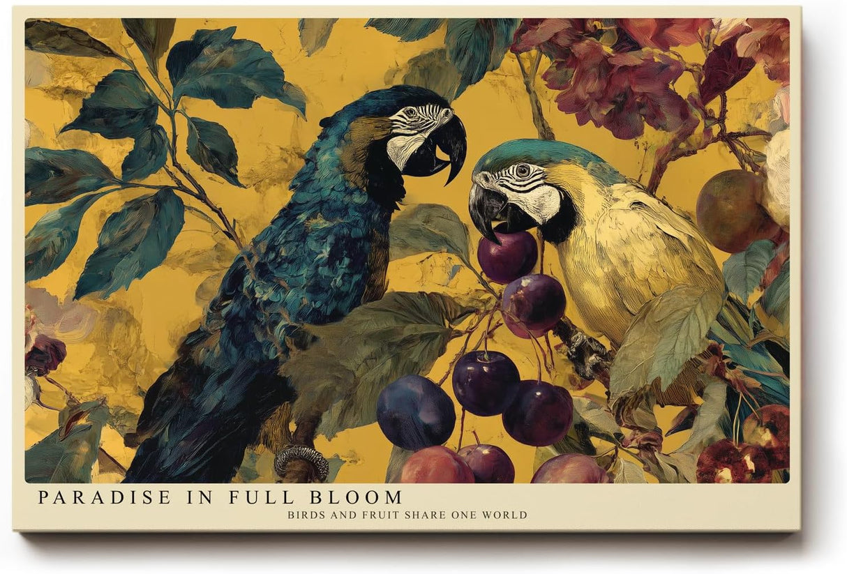 Paul Sinus Wandbild 120x80cm Papageien im Tropischen Garten Farbenfrohe Exotische Vogelkunst mit Früchten Natur Wanddekoration