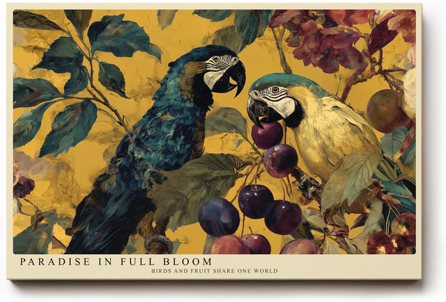 Paul Sinus Wandbild 120x80cm Papageien im Tropischen Garten Farbenfrohe Exotische Vogelkunst mit Früchten Natur Wanddekoration