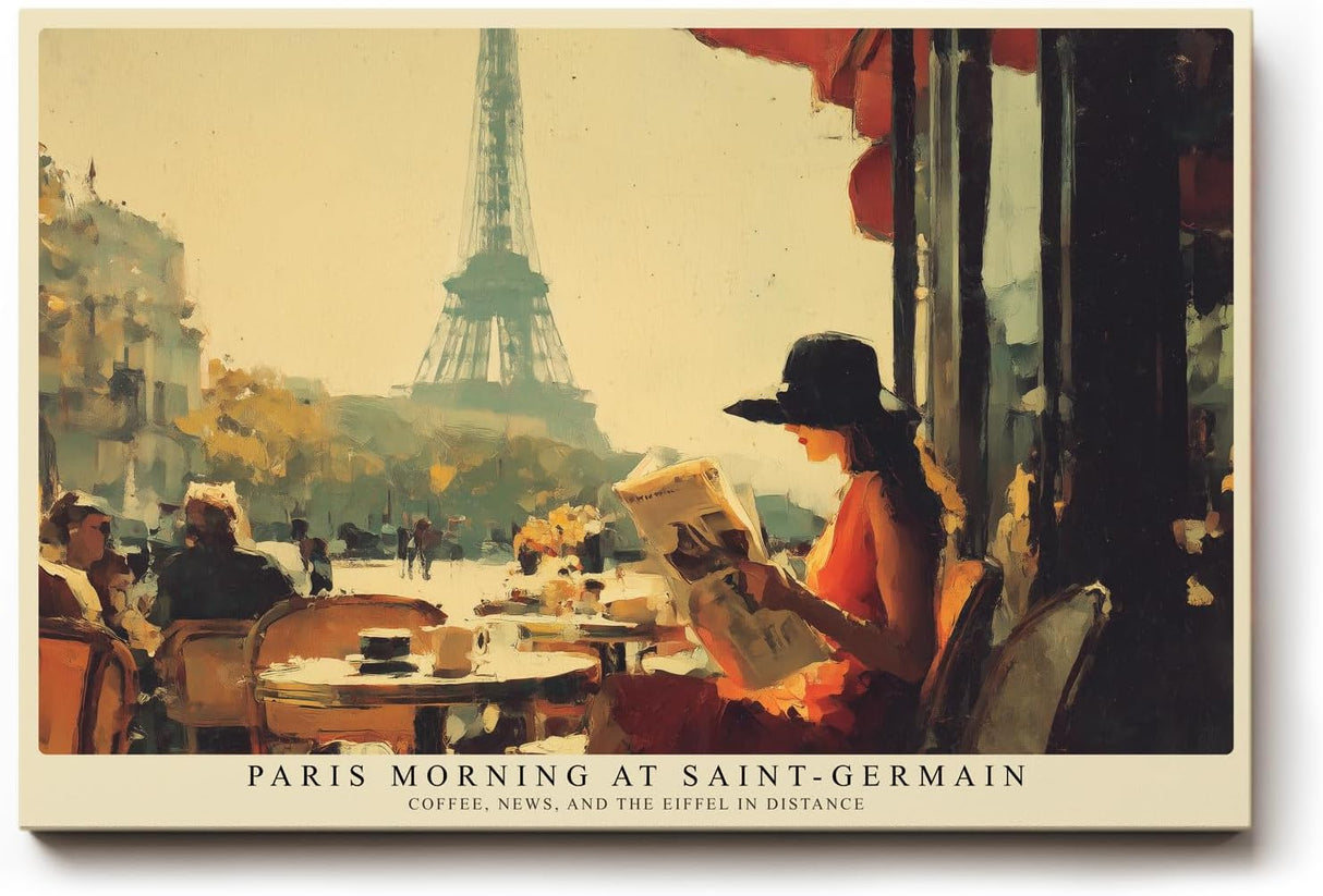 Paul Sinus Wandbild 120x80cm Paris Morning at Saint Germain Café Szene mit Eiffelturm und Zeitung Kunst Poster für Wohnzimmer Küche