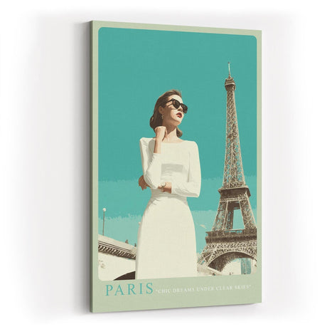 Paul Sinus Wandbild in 40x60cm Paris – elegante Frau in Weiß vor dem Eiffelturm im Retro-Stil