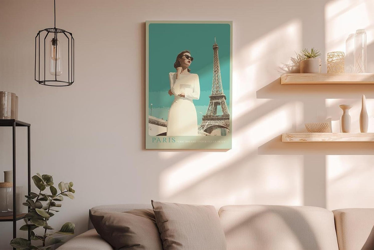 Paul Sinus Wandbild in 40x60cm Paris – elegante Frau in Weiß vor dem Eiffelturm im Retro-Stil
