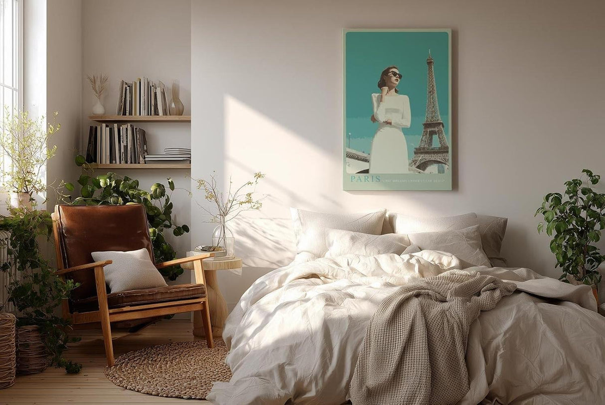 Paul Sinus Wandbild in 40x60cm Paris – elegante Frau in Weiß vor dem Eiffelturm im Retro-Stil