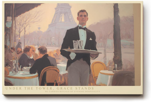 Paul Sinus Wandbild 120x80cm Pariser Cafe Szene mit Kellner und Eiffelturm stilvolle Stadtkunst fuer elegante Wohnräume