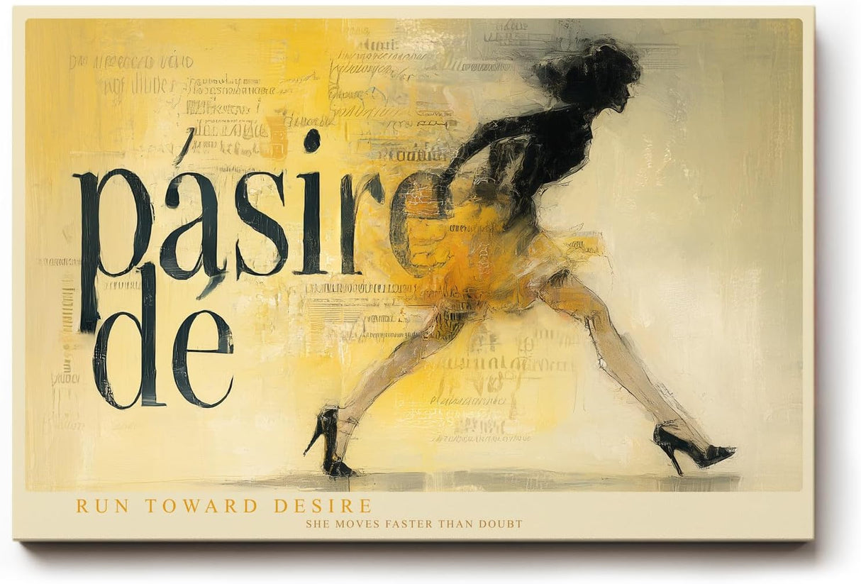 Paul Sinus Wandbild 120x80cm Passion de moderne Fashion Illustration Frau in Bewegung gelb beige Kunst Poster stilvolle