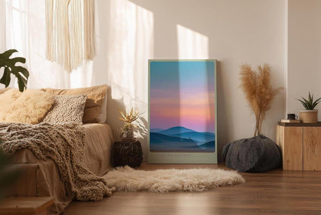 Paul Sinus Wandbild in 40x60cm Pastellfarbene Hügellandschaft im Sonnenaufgang mit sanftem Farbverlauf am Himmel