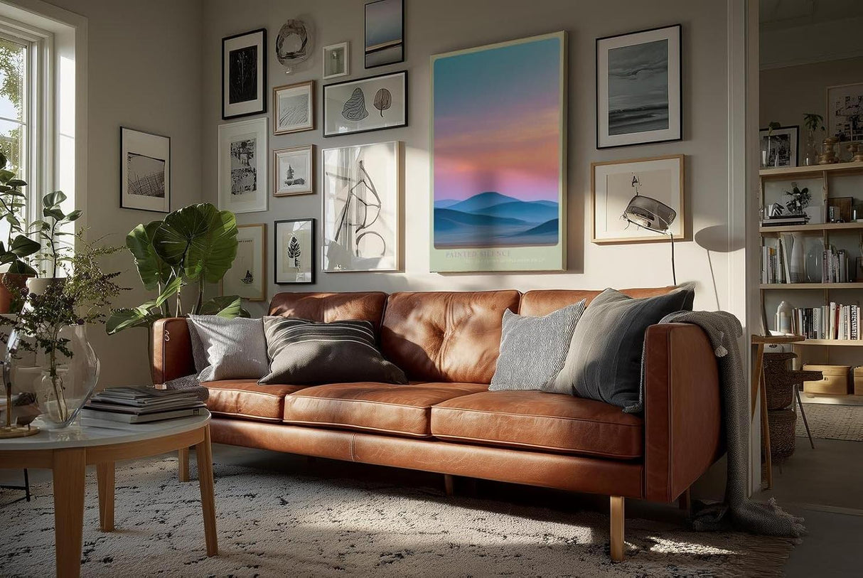 Paul Sinus Wandbild in 40x60cm Pastellfarbene Hügellandschaft im Sonnenaufgang mit sanftem Farbverlauf am Himmel