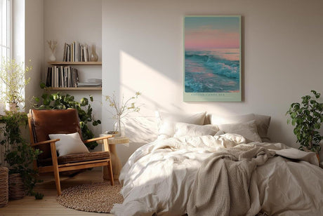 Paul Sinus Wandbild in 40x60cm Pastellfarbenes Meer bei Sonnenuntergang mit sanften Wellen und rosa-blauem Himmel