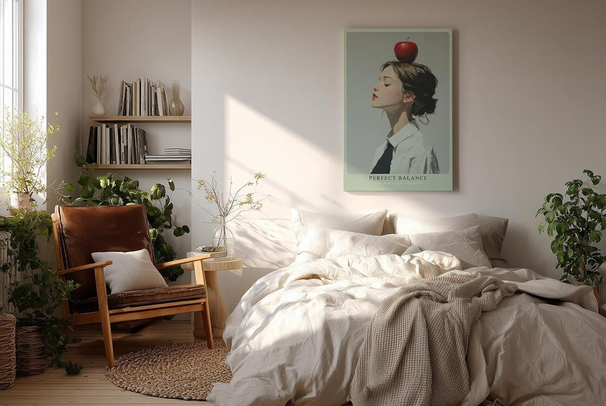 Paul Sinus Wandbild in 40x60cm Perfect Balance – Minimalistisches Porträt einer jungen Frau mit Apfel auf dem Kopf, seitliches Profil, moderne Bilder mit klaren Linien, stilvoll und symbolträchtig