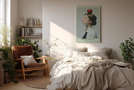 Paul Sinus Wandbild in 40x60cm Perfect Balance – Minimalistisches Porträt einer jungen Frau mit Apfel auf dem Kopf, seitliches Profil, moderne Bilder mit klaren Linien, stilvoll und symbolträchtig