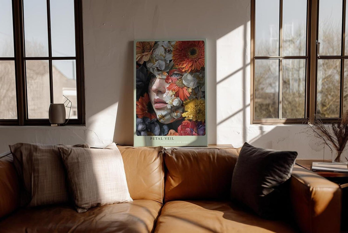 Paul Sinus Wandbild in 40x60cm Petal Veil mit Frauenportrait hinter floraler Komposition in kräftigen Farben für elegante Wandgestaltung