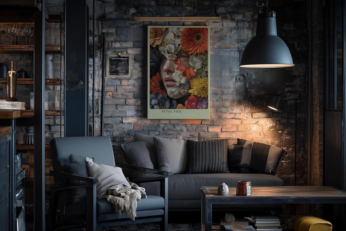 Paul Sinus Wandbild in 40x60cm Petal Veil mit Frauenportrait hinter floraler Komposition in kräftigen Farben für elegante Wandgestaltung