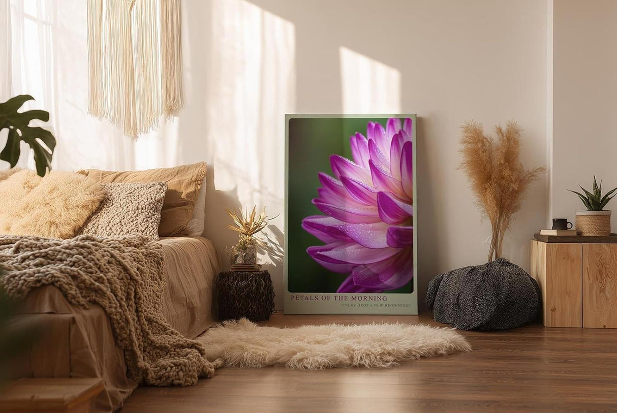 Paul Sinus Wandbild in 40x60cm Petals of the Morning – zarte Nahaufnahme einer pink-violetten Blüte mit Tautropfen für frische Raumakzente