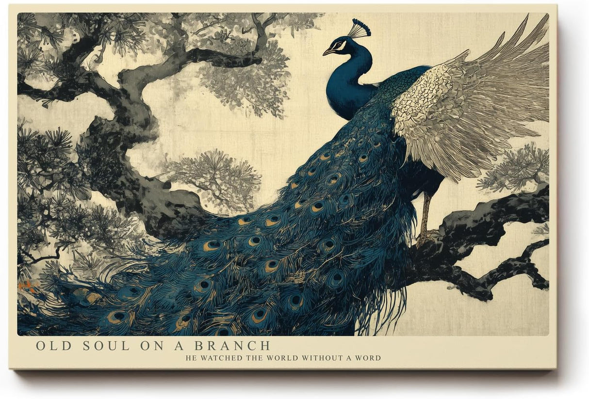 Paul Sinus Wandbild 120x80cm Pfau auf Baumzweig Elegante Vogelkunst in Blau Gold Asiatische Natur Wanddekoration