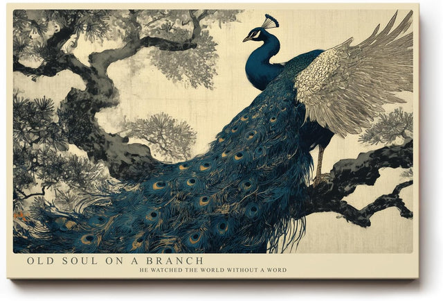 Paul Sinus Wandbild 120x80cm Pfau auf Baumzweig Elegante Vogelkunst in Blau Gold Asiatische Natur Wanddekoration
