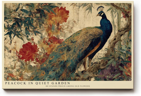 Paul Sinus Wandbild 120x80cm Pfau im ruhigen Garten – Elegantes Vogelmotiv mit Pfau und Blumen im Vintage Stil für stilvolle Wohnräume