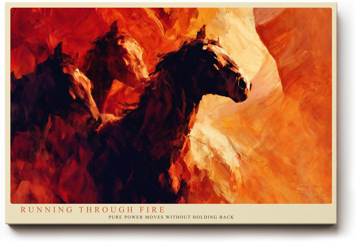 Paul Sinus Wandbild 120x80cm Pferde im Galopp abstrakte Tiermalerei feurige Rot Orange Farben dynamisches Pferde Kunstbild moderne Wanddekoration fuer Wohnzimmer Büro