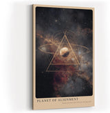 Paul Sinus Wandbild in 40x60cm Planet of Alignment – Künstlerische Darstellung eines Planeten mit goldenem Dreieck inmitten farbenprächtiger Galaxienlandschaft