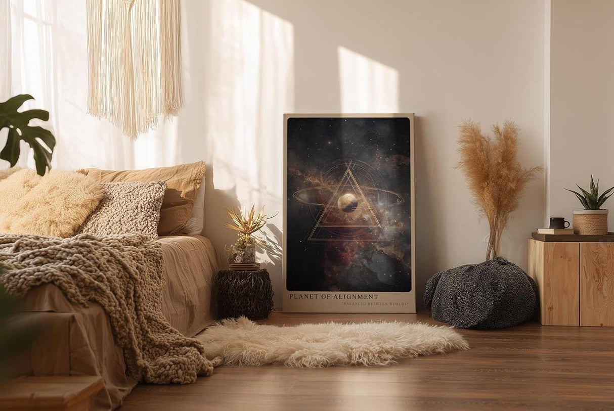 Paul Sinus Wandbild in 40x60cm Planet of Alignment – Künstlerische Darstellung eines Planeten mit goldenem Dreieck inmitten farbenprächtiger Galaxienlandschaft