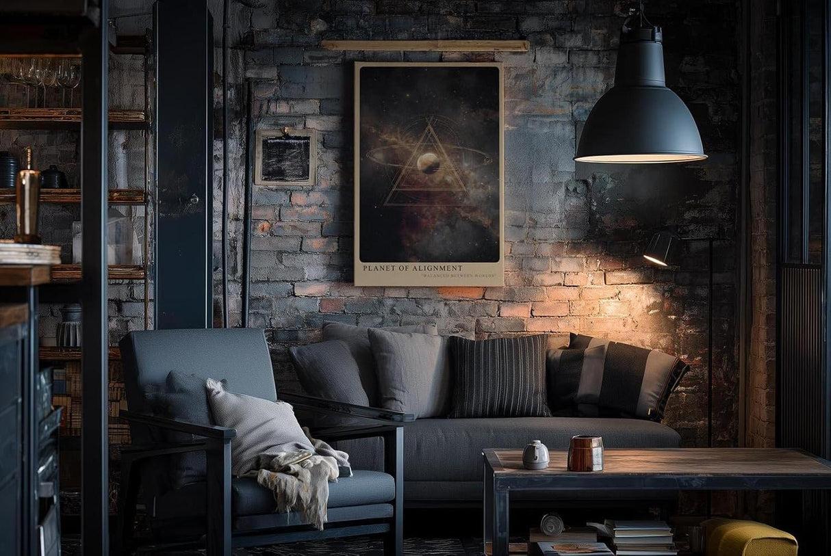 Paul Sinus Wandbild in 40x60cm Planet of Alignment – Künstlerische Darstellung eines Planeten mit goldenem Dreieck inmitten farbenprächtiger Galaxienlandschaft