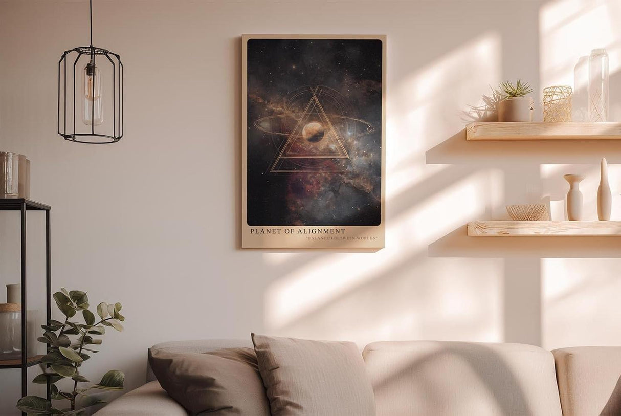 Paul Sinus Wandbild in 40x60cm Planet of Alignment – Künstlerische Darstellung eines Planeten mit goldenem Dreieck inmitten farbenprächtiger Galaxienlandschaft