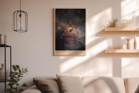 Paul Sinus Wandbild in 40x60cm Planet of Alignment – Künstlerische Darstellung eines Planeten mit goldenem Dreieck inmitten farbenprächtiger Galaxienlandschaft