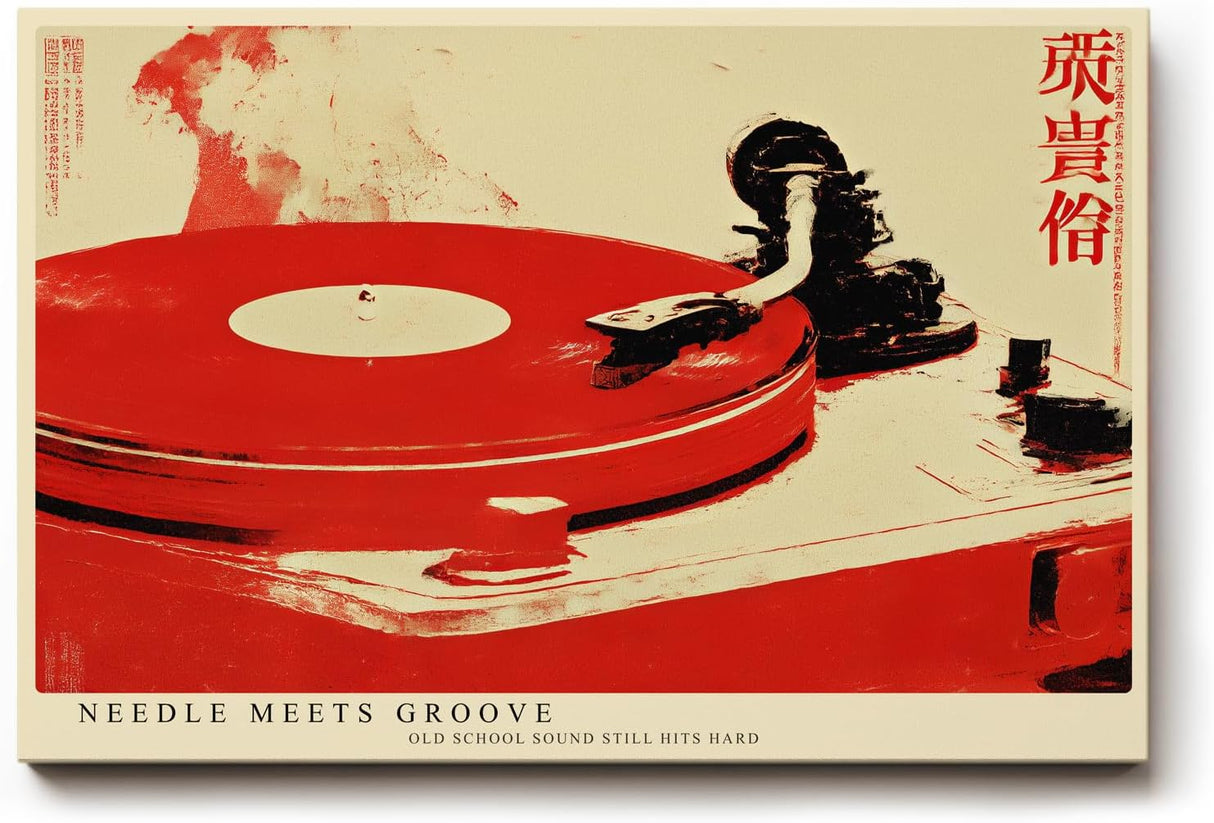 Paul Sinus Wandbild 120x80cm Plattenspieler Vinyl Musik Retro Illustration rot weiss modernes Musik Kunstbild DJ Wanddekoration fuer Wohnzimmer Studio Musikzimmer